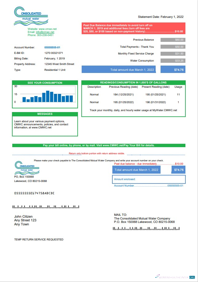 download USA Consolidated Mutual Water utility bill template in Word and PDF format PDF template